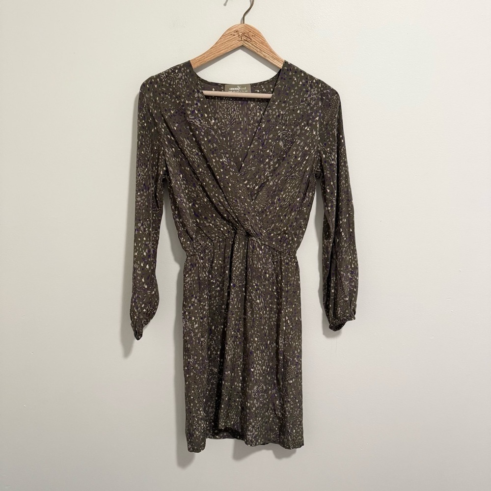 Amour Vert 100% Silk Surplice Long Sleeve Dress